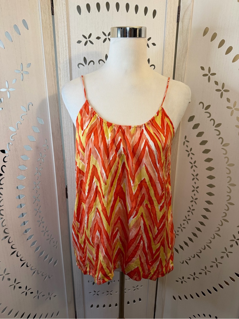 Tucker 100% Silk Orange & Yellow Chevron Spaghetti-Strap Camisole
